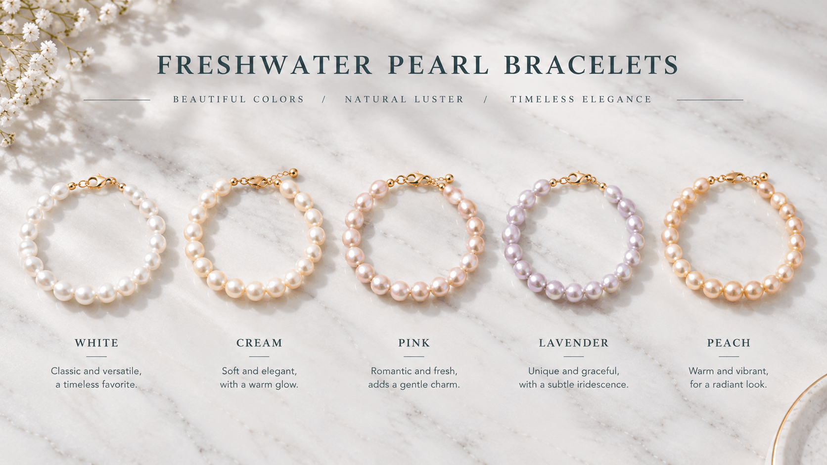 02. Couleurs des bracelets de perles d'eau douce — une gamme plus large qu'on ne l'imagine