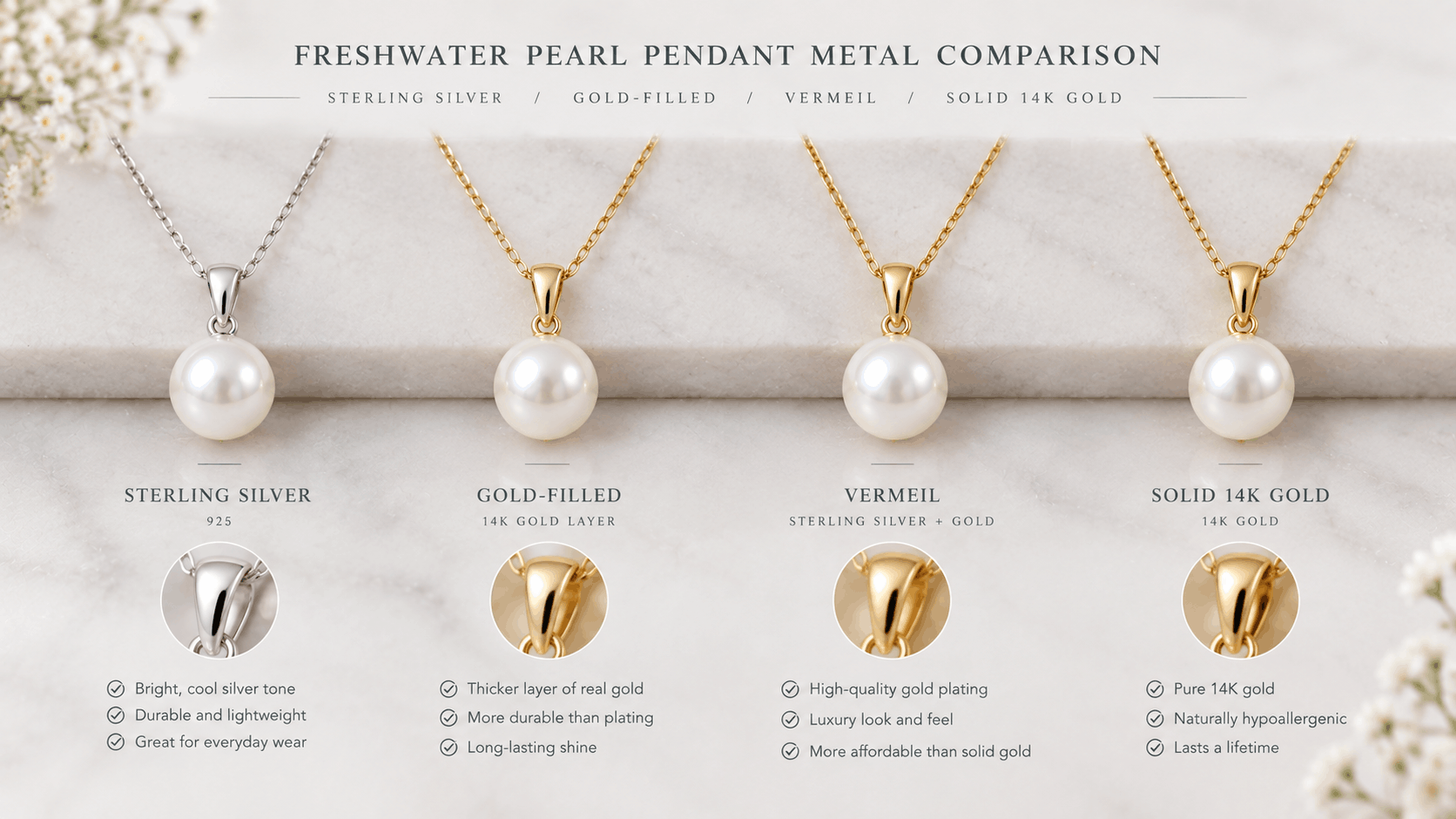 05. Comparaison des métaux pour pendentifs en perle d'eau douce