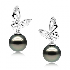 Papillon Noir 10-11mm AAA-qualité de Tahiti 585/1000 Or Blanc-Boucles d'oreilles en perles