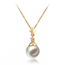 Géorgie Blanc 7-8mm AAAA-qualité perles d'eau douce 585/1000 Or Jaune-pendentif en perles