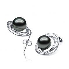 Cercle triple Stud Noir 9-10mm AAA-qualité de Tahiti 585/1000 Or Blanc-Boucles d'oreilles en perles