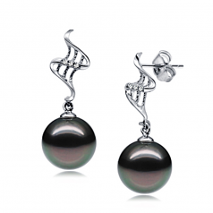 Leurre Noir 9-10mm AAA-qualité de Tahiti 585/1000 Or Blanc-Boucles d'oreilles en perles