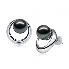 Soleil levant Noir 9-10mm AAA-qualité de Tahiti 585/1000 Or Blanc-Boucles d'oreilles en perles
