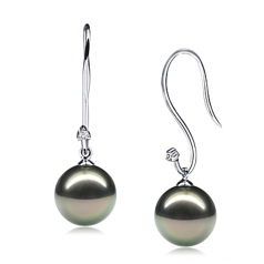 Dangle simplicité Noir 9-10mm AAA-qualité de Tahiti 585/1000 Or Blanc-Boucles d'oreilles en perles