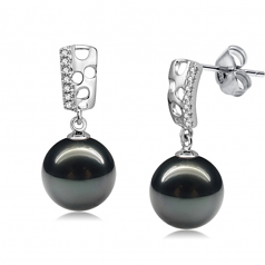 Zuella Noir 9-10mm AAA-qualité de Tahiti 585/1000 Or Blanc-Boucles d'oreilles en perles