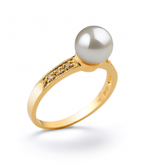 Anne Blanc 7.5-8mm AAA-qualité Akoya du Japon 585/1000 Or Jaune-Bague perles