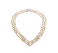 Col en v Blanc 3-4mm AA-qualité perles d'eau douce -Collier de perles