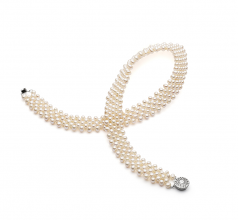 Col en v Blanc 3-4mm AA-qualité perles d'eau douce -Collier de perles