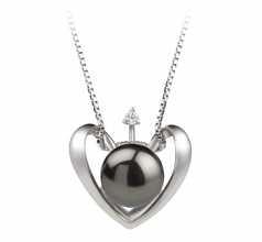 Cœur Noir 9-10mm AA-qualité perles d'eau douce 925/1000 Argent-pendentif en perles
