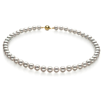 Blanc 7.5-8mm Hanadama - AAAA-qualité Akoya du Japon 585/1000 Or Jaune-Collier de perles