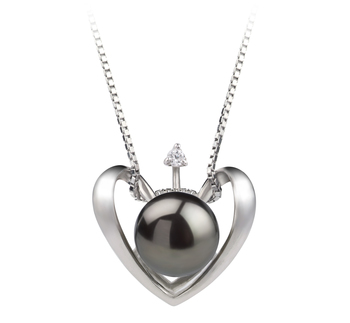 Cœur Noir 9-10mm AA-qualité perles d'eau douce 925/1000 Argent-pendentif en perles