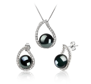 Isabella Noir 9-10mm AA-qualité perles d'eau douce 925/1000 Argent-un set en perles