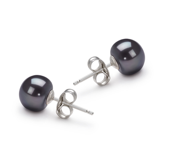 Noir 7-8mm AA-qualité perles d'eau douce 585/1000 Or Blanc-Boucles d'oreilles en perles