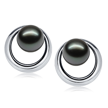 Soleil levant Noir 9-10mm AAA-qualité de Tahiti 585/1000 Or Blanc-Boucles d'oreilles en perles