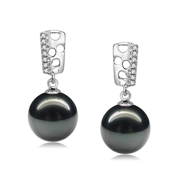 Zuella Noir 9-10mm AAA-qualité de Tahiti 585/1000 Or Blanc-Boucles d'oreilles en perles